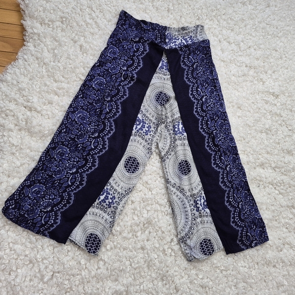 Boho Blue Palazzo Wide Leg Pants Mandala Lace Print O/S Beach Festival Beach - Picture 2 of 5